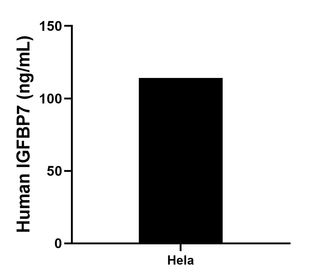 Hela were cultured in DMEM supplemented with 10% fetal bonive serum, 2.5 mM L-glutamine, 100 U/mL penicillin, and 100 μg/mL streptomycin sulfate. An aliquot of the cell culture supernatants was removed, assayed for human IGFBP7, and measured 114.2 ng/mL.